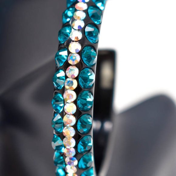 2.5" Teal/AB Rhinestones Black Lucite Hoop Earring - Picture 2 of 7